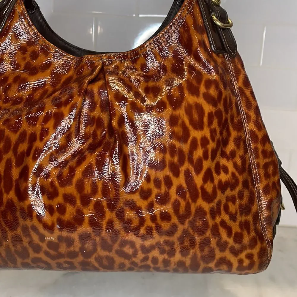 Coach Purse Handbag Leather Maggie Mia Ocelot Gloss Patent Hobo Shoulder Bag
